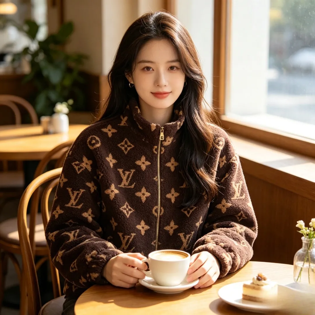 Louis Vuitton/Louis Vuitton dark brown all-over printed old flower Teddy polar fleece stand-up collar jacket
